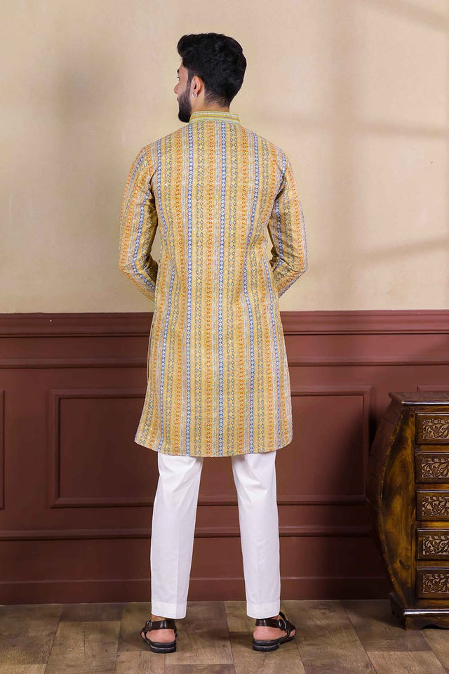 Yellow Printed Cotton Men's Kurta Set (ACZ5441)