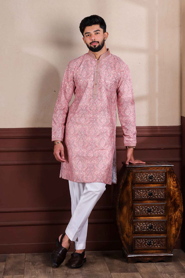 Pink Printed Cotton Men's Kurta Set (ACZ5443)