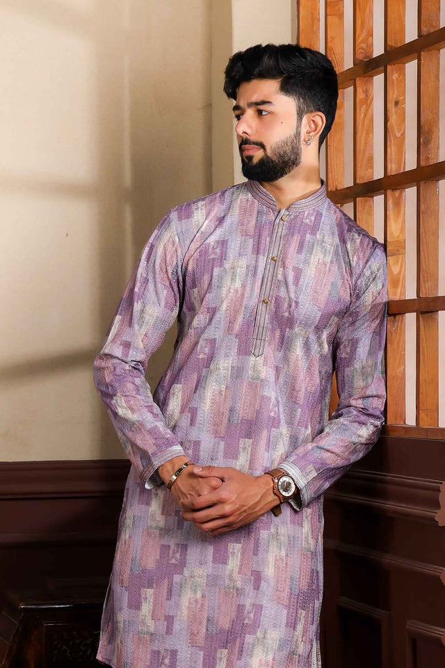 Light Lavender Printed Cotton Men's Kurta Set (ACZ5444)