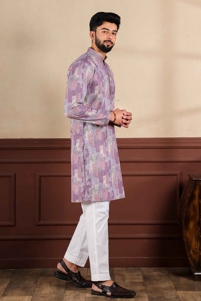 Light Lavender Printed Cotton Men's Kurta Set (ACZ5444)