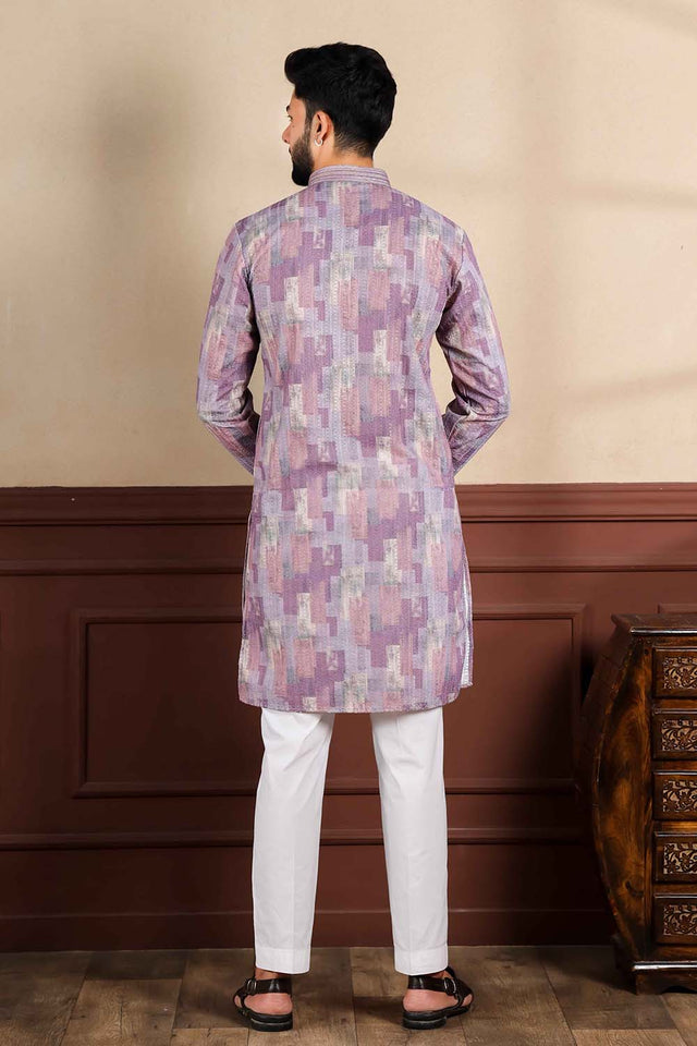 Light Lavender Printed Cotton Men's Kurta Set (ACZ5444)