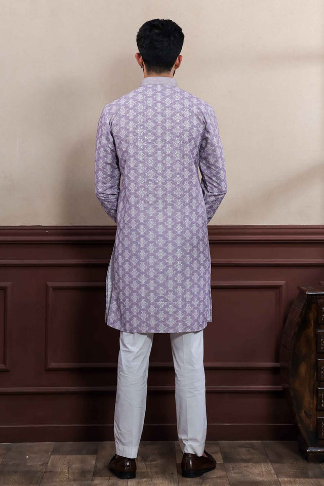 Violet Printed Cotton Men's Kurta Set (ACZ5445)