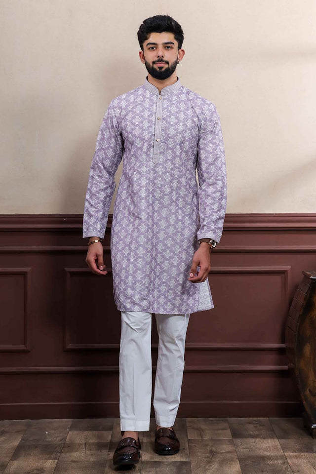 Violet Printed Cotton Men's Kurta Set (ACZ5445)