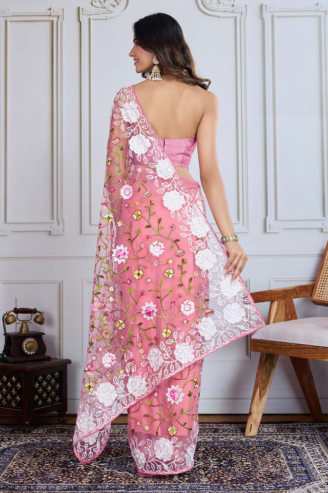 Pink Embroidered Soft Net Saree (ACZ5870)