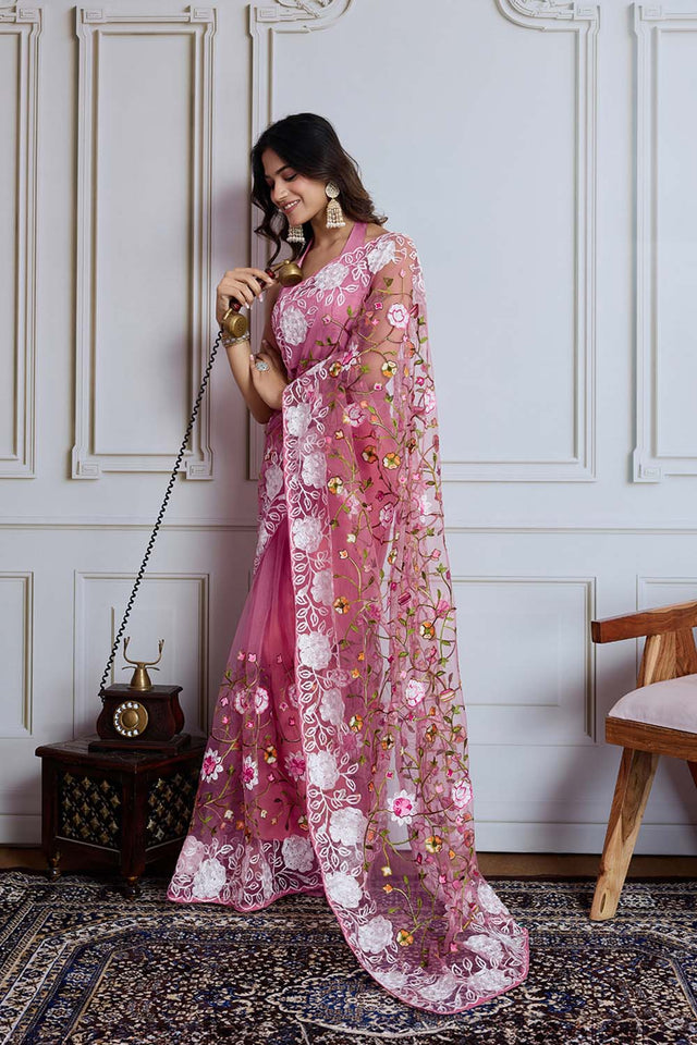 Pink Embroidered Soft Net Saree (ACZ5870)
