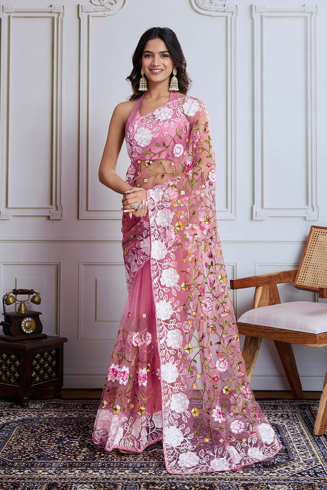 Pink Embroidered Soft Net Saree (ACZ5870)