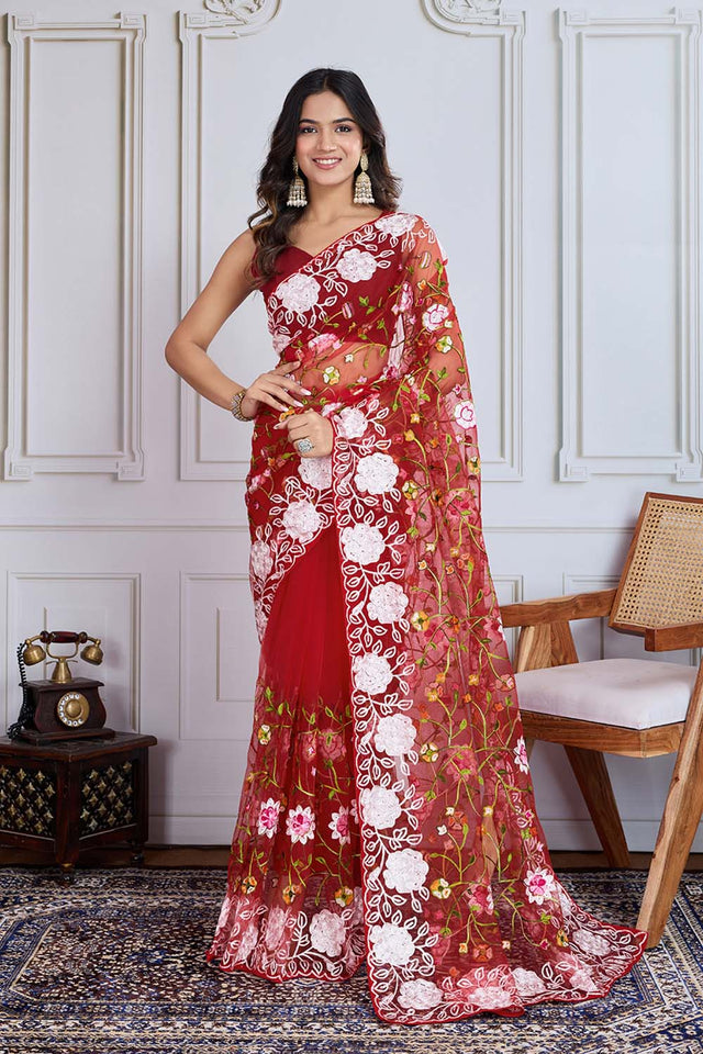 Red Embroidered Soft Net Saree (ACZ5871)