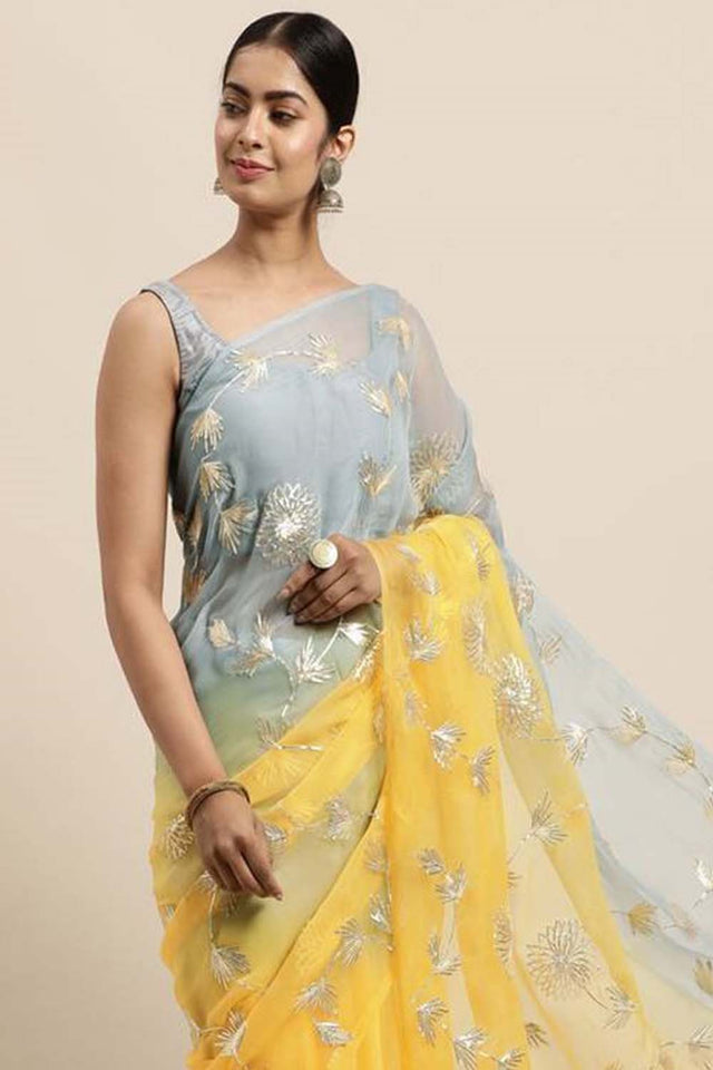 Yellow Gotta Patti Organza Saree