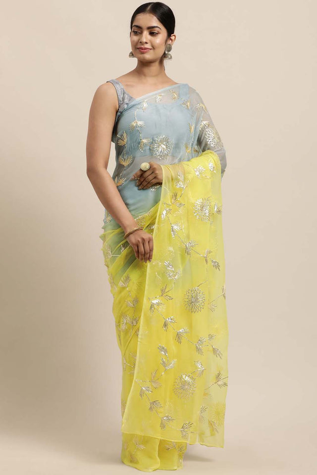 Yellow Gotta Patti Organza Saree