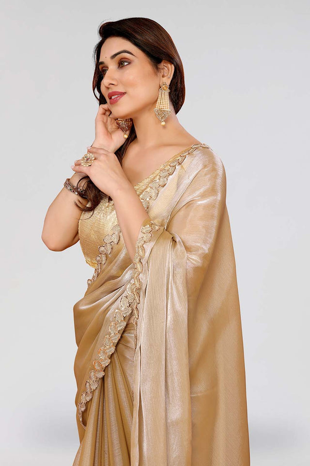 Beige Sequin with Embroidered Satin Saree