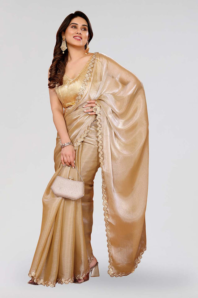 Beige Sequin with Embroidered Satin Saree