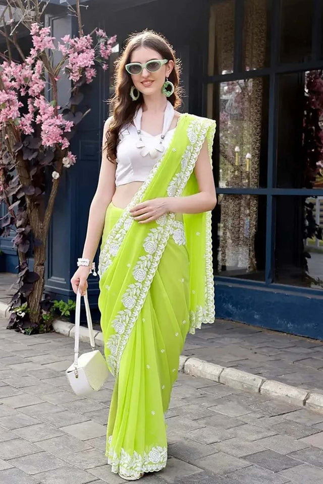 Green Sequin with Embroidered Georgette Saree