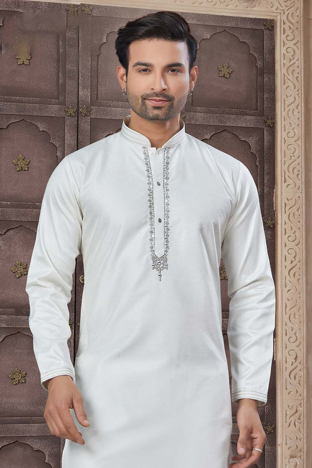 White Solid Cotton Men's Kurta Set