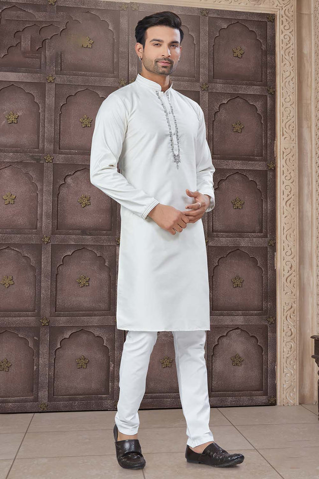 White Solid Cotton Men's Kurta Set