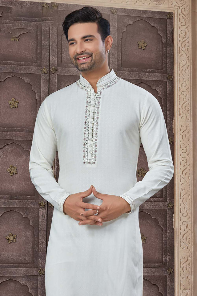 Beige Solid Cotton Men's Kurta Set