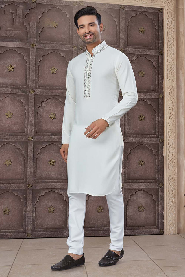 Beige Solid Cotton Men's Kurta Set