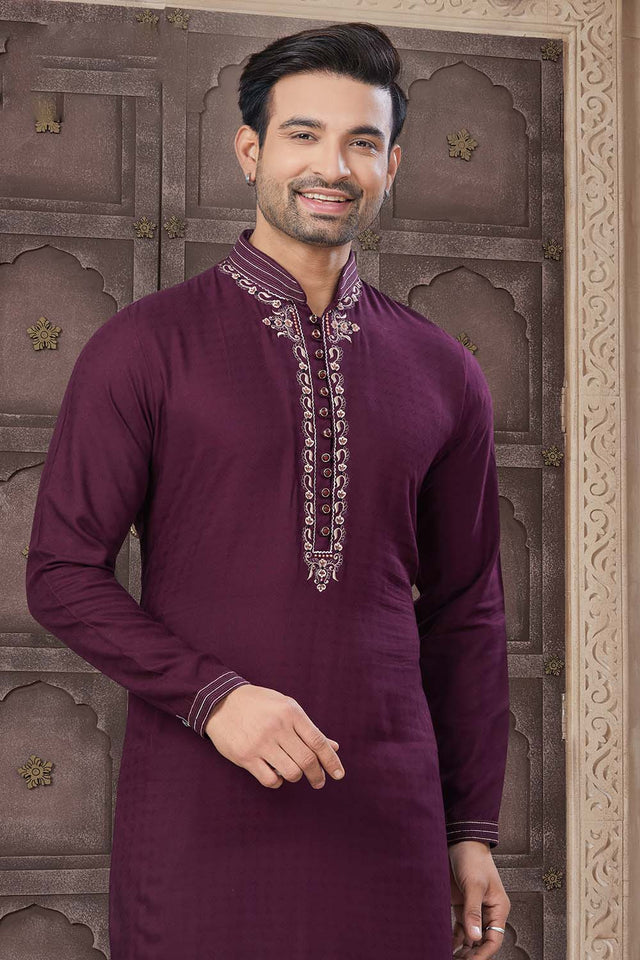 Violet Solid Cotton Men's Kurta Set