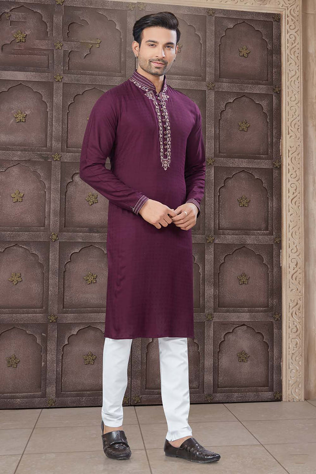 Violet Solid Cotton Men's Kurta Set