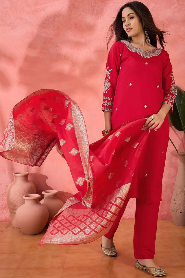 Pink Embroidered Silk Straight Cut Suit Set
