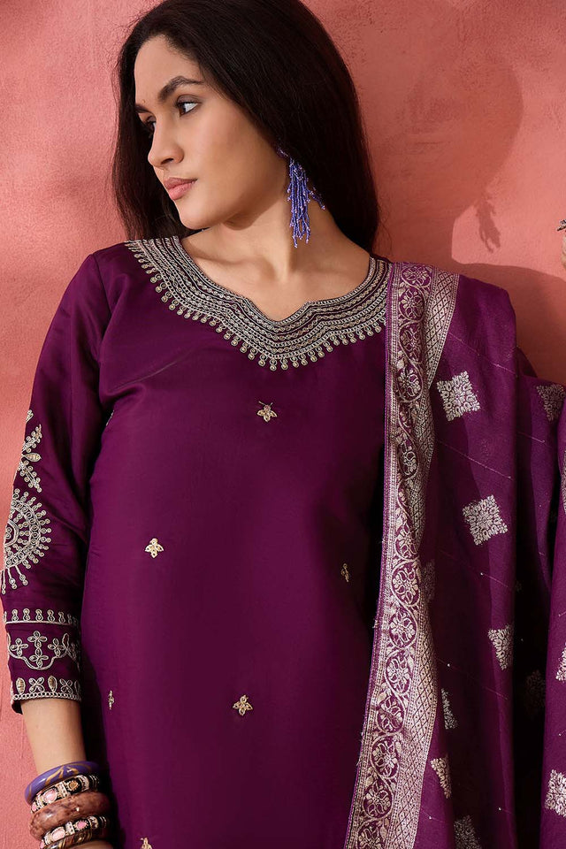 Wine Embroidered Silk Straight Cut Suit Set (ACZ6103)