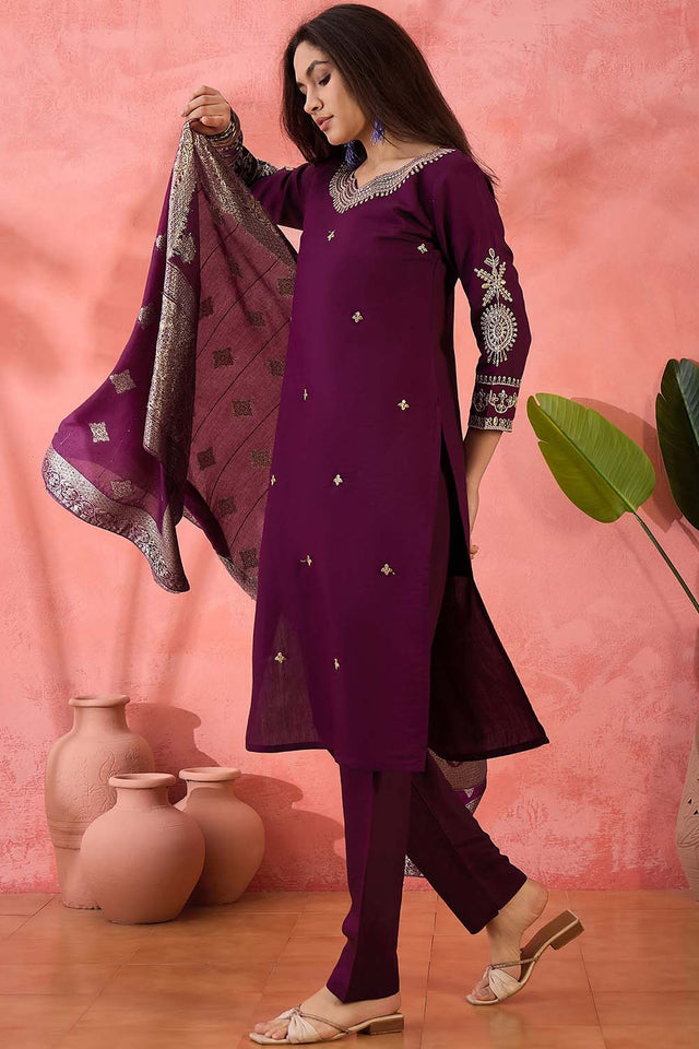 Wine Embroidered Silk Straight Cut Suit Set (ACZ6103)
