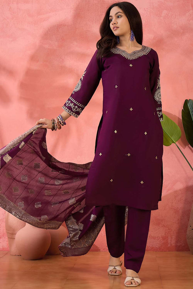 Wine Embroidered Silk Straight Cut Suit Set (ACZ6103)