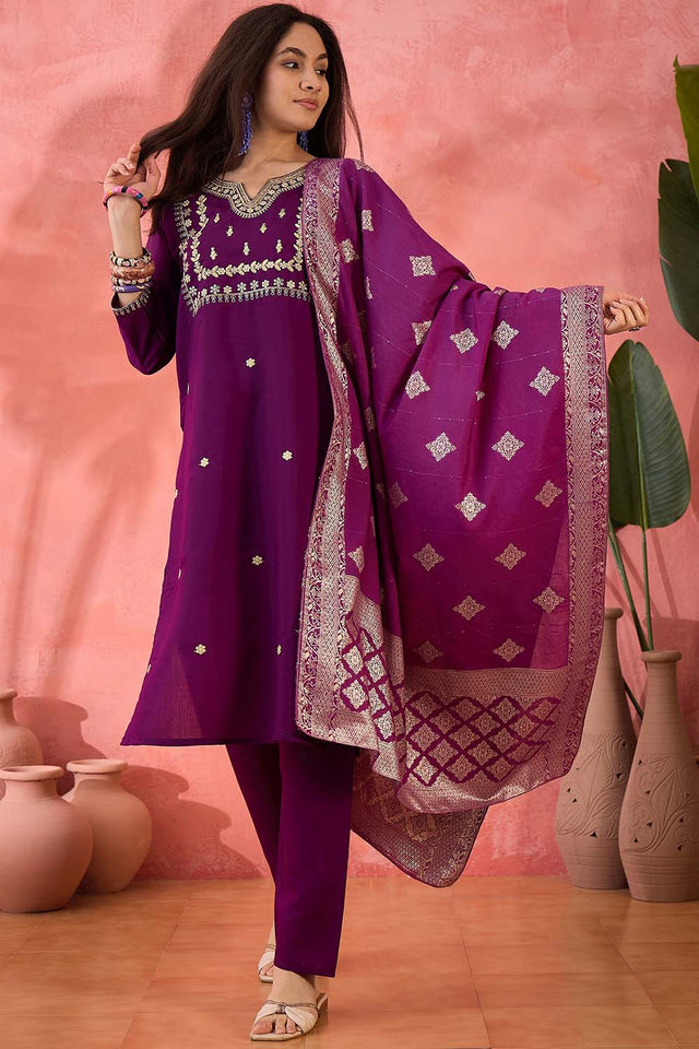 Violet Embroidered Silk Straight Cut Suit Set