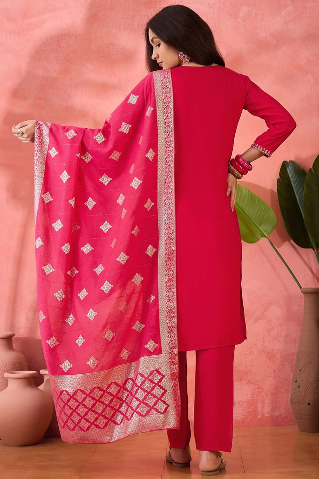 Pink Embroidered Silk Straight Cut Suit Set