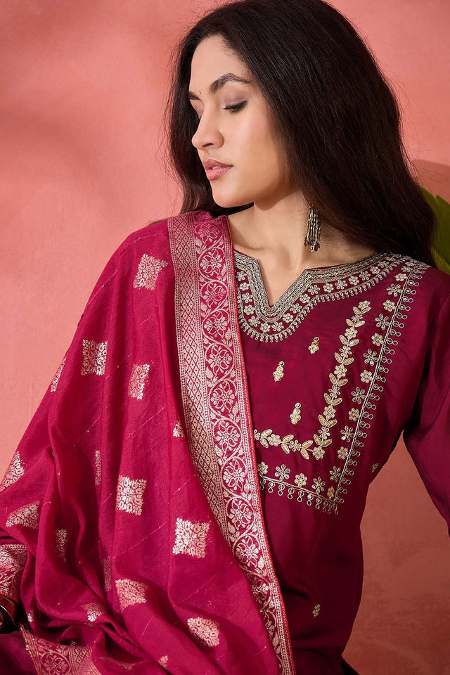 Red Embroidered Silk Straight Cut Suit Set