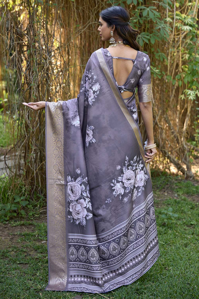 Grey Floral Printed Woven Silk Saree (ACZ6301)