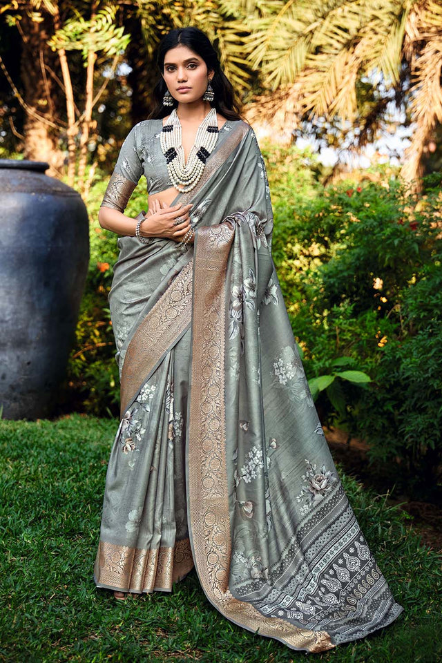 Grey Floral Printed Woven Silk Saree (ACZ6308)