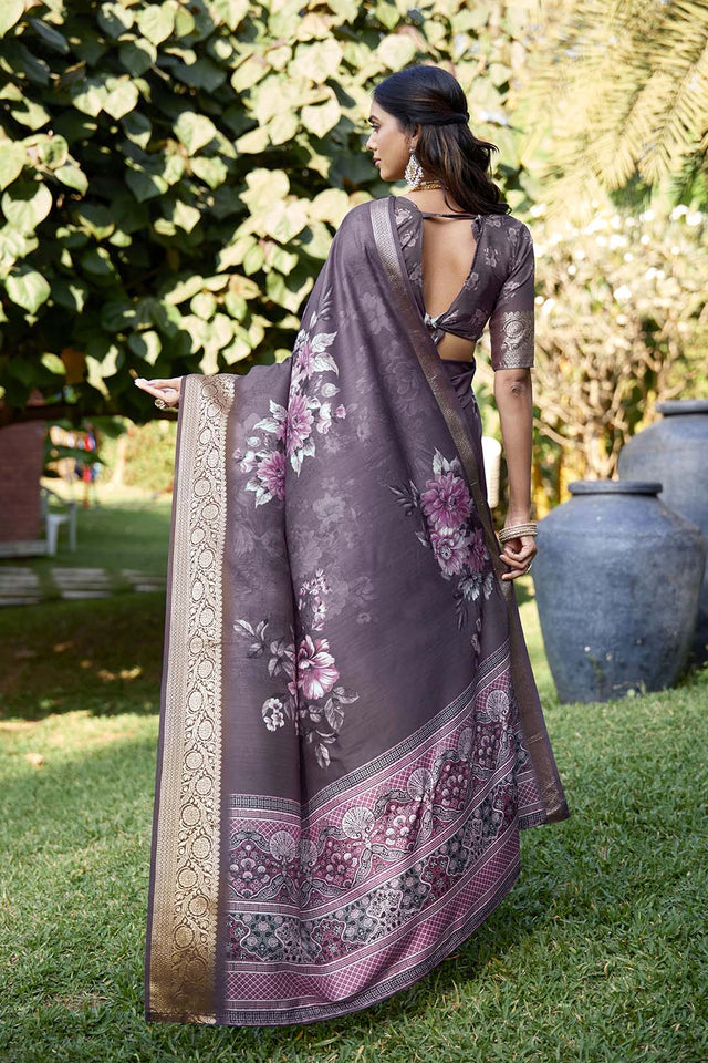 Violet Floral Printed Woven Silk Saree (ACZ6309)