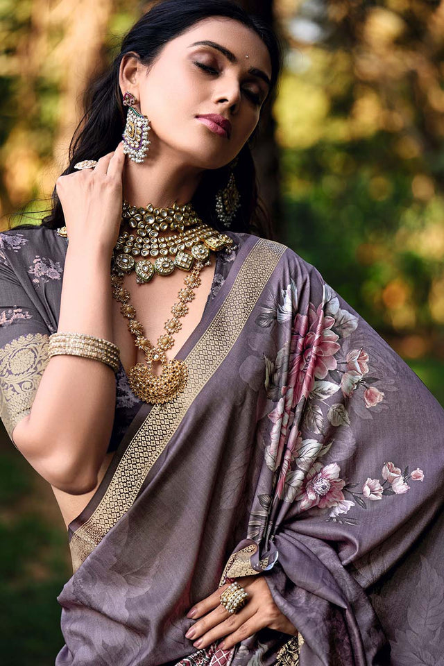 Violet Floral Printed Woven Silk Saree (ACZ6309)