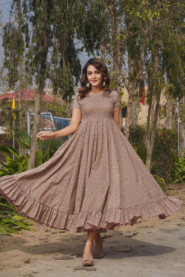 Beige Floral Printed Rayon Dress