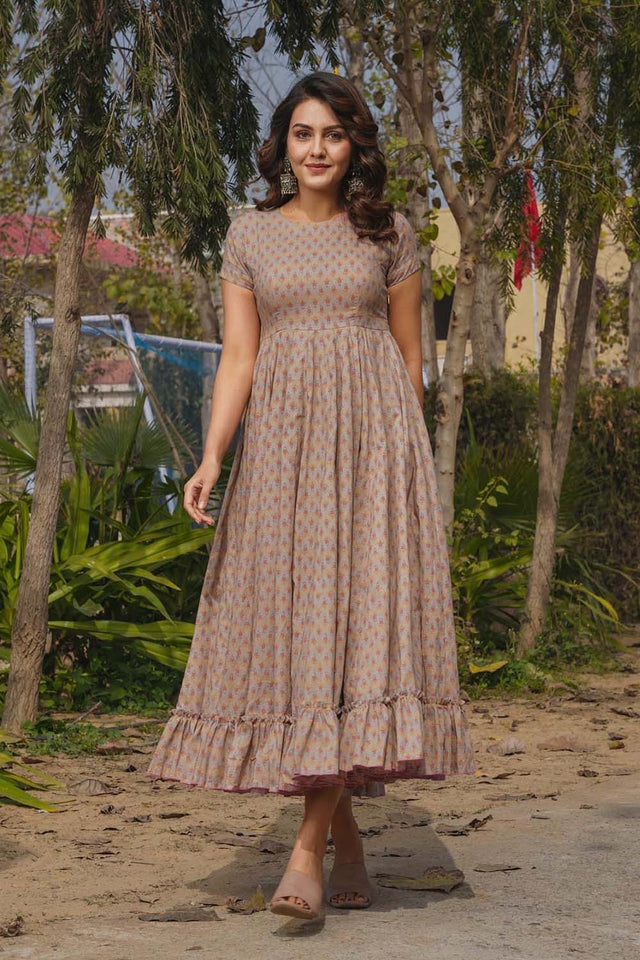 Beige Floral Printed Rayon Dress