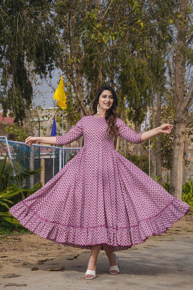 Pink Geometric Printed Rayon Dress