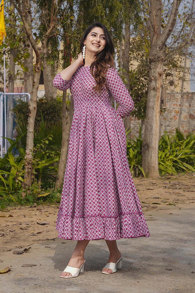 Pink Geometric Printed Rayon Dress