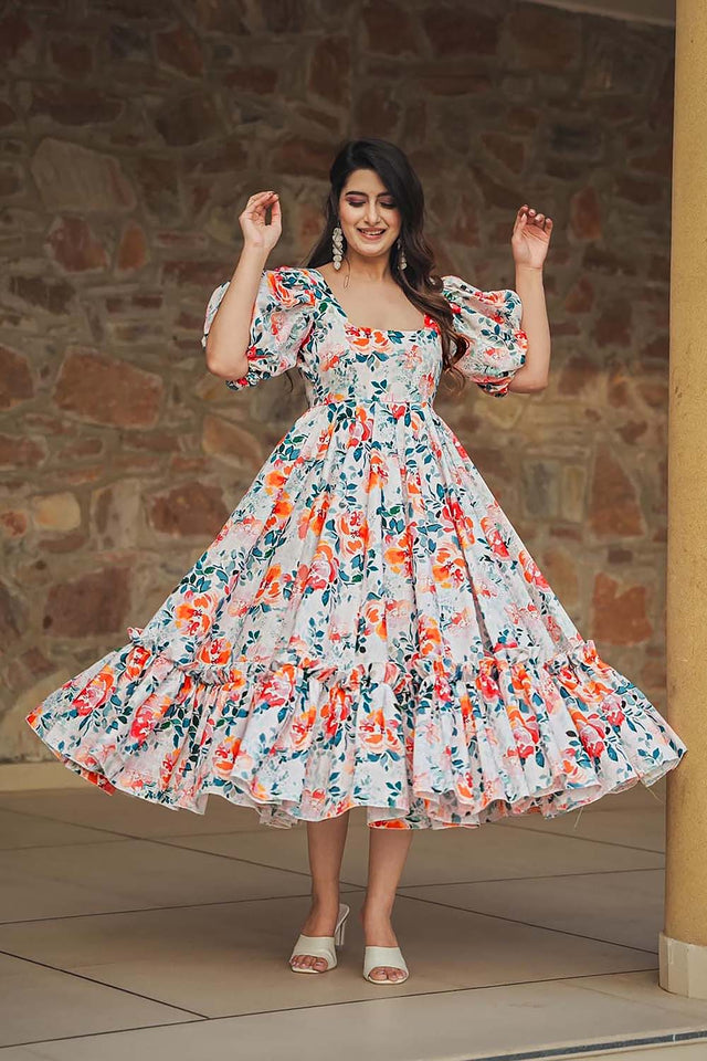 White Floral Printed Rayon Dress