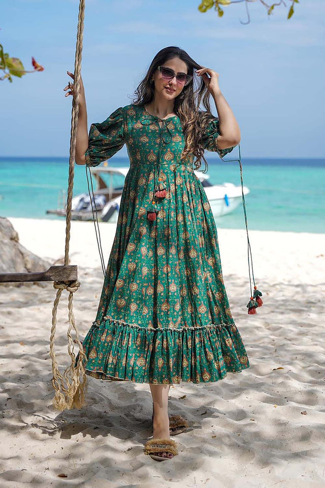 Turquoise Floral Printed Rayon Dress