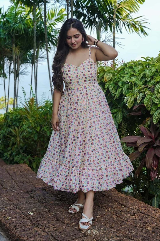 Beige Floral Printed Rayon Dress