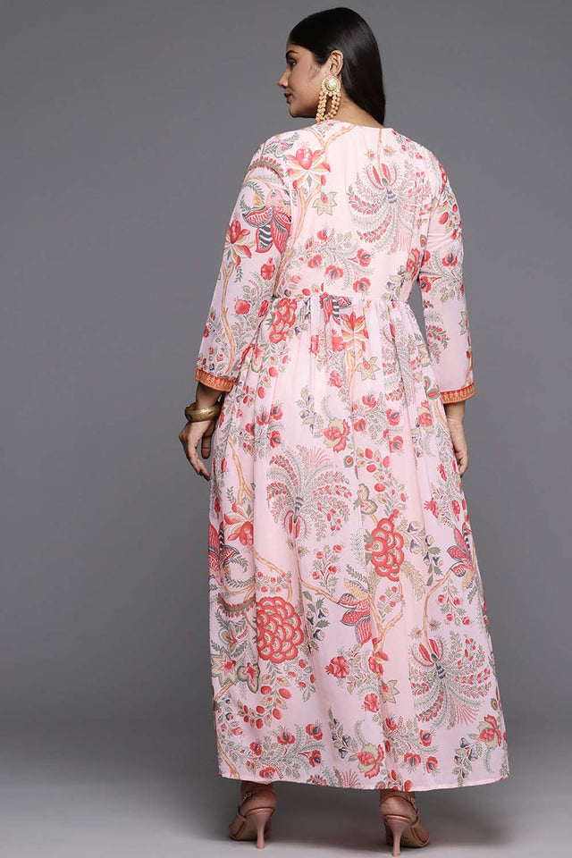 Pink Floral Printed Georgette Kurti Pant Set (ACZ6366)