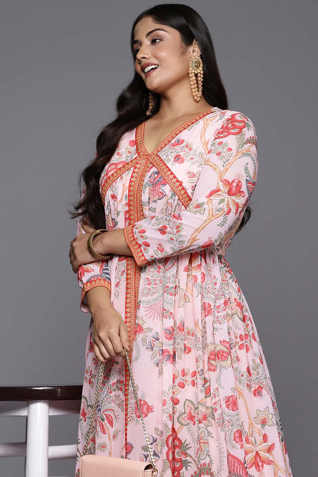 Pink Floral Printed Georgette Kurti Pant Set (ACZ6366)
