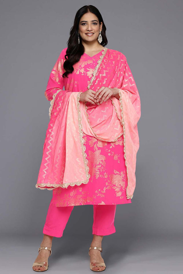 Pink Printeded Crepe Kurti Pant Set (ACZ6369)