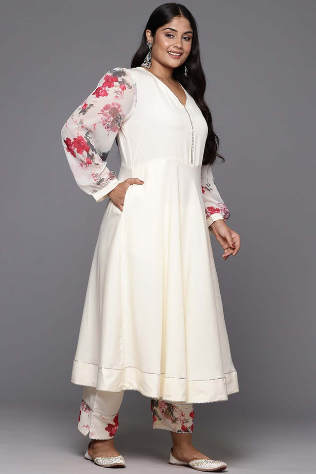 White Solid Crepe Kurti Pant Set (ACZ6370)
