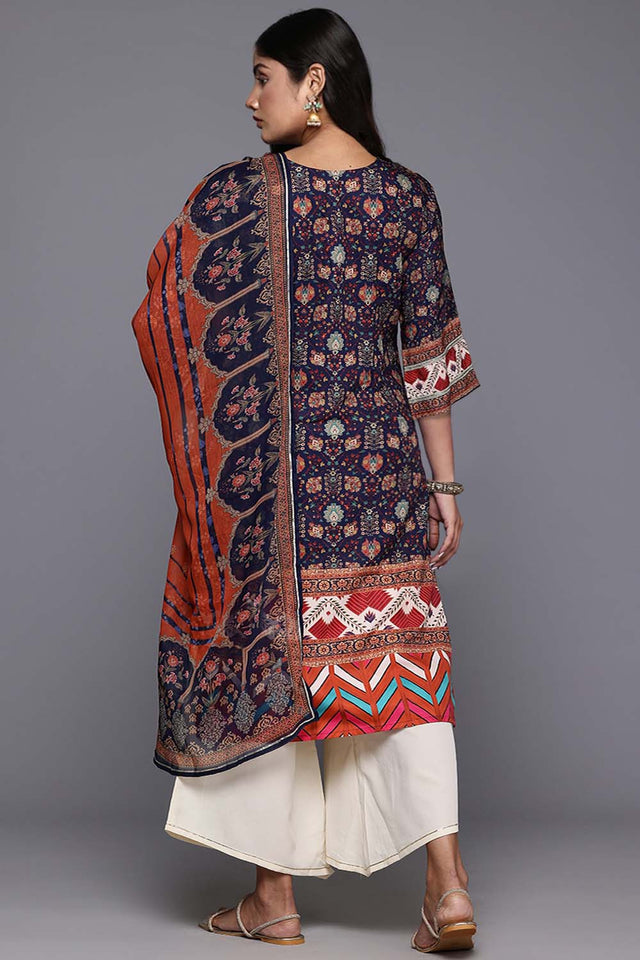 Navy Blue Printeded Crepe Kurti Palazzo Set (ACZ6374)