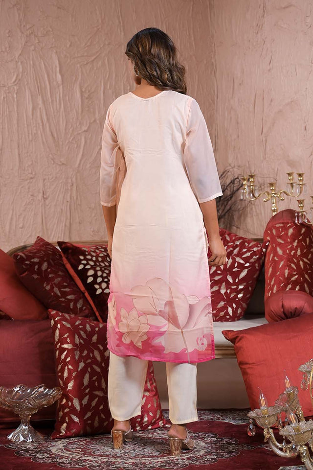 White Floral Printed Silk Kurti Pant Set