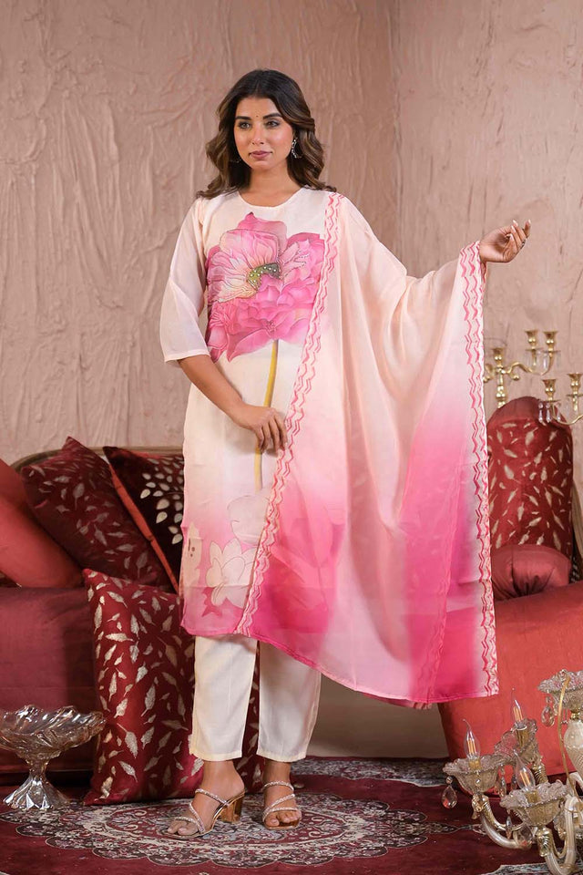 White Floral Printed Silk Kurti Pant Set