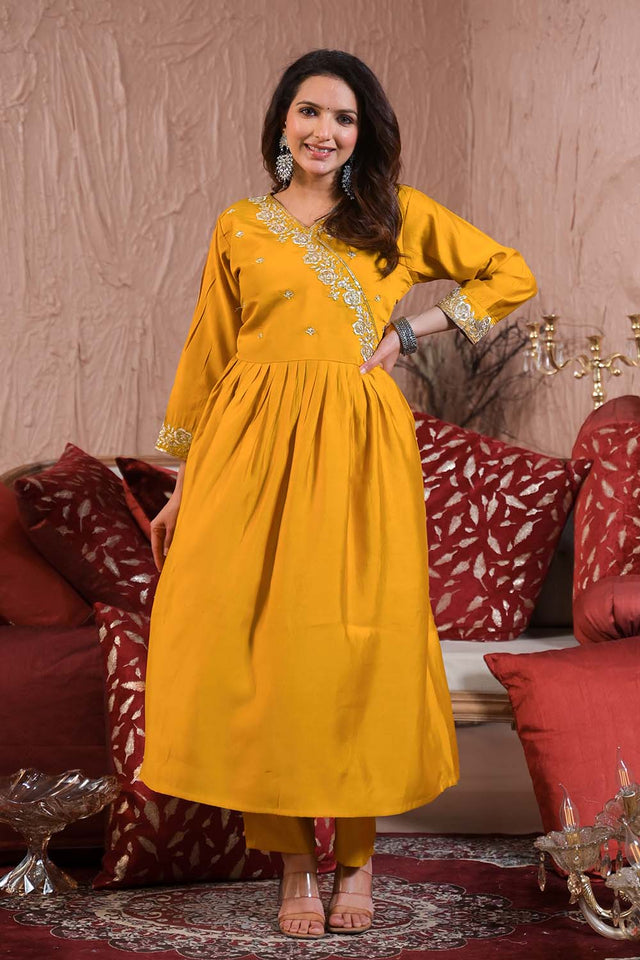 Yellow Embroidered Chanderi Anarkali Suit Set (ACZ6387)