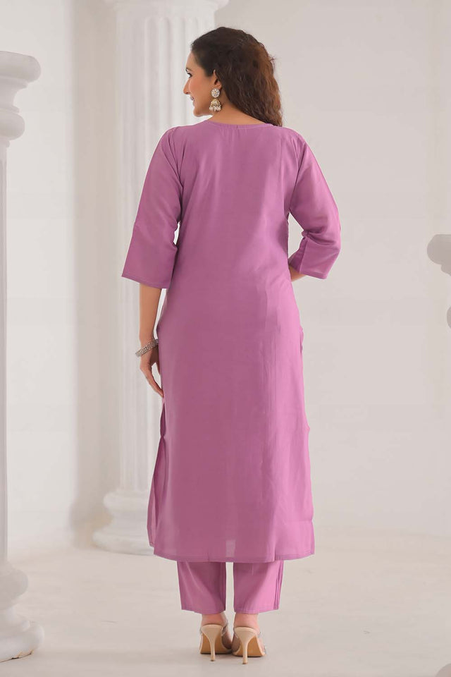 Pink Solid Chanderi Kurti Pant Set (ACZ6390)
