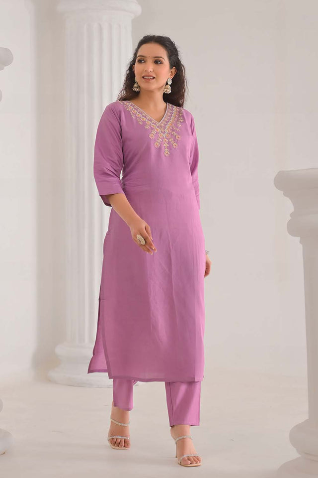 Pink Solid Chanderi Kurti Pant Set (ACZ6390)